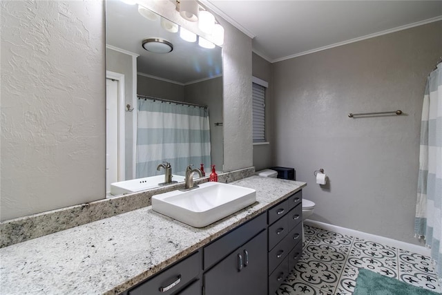 1712 N Pennsylvania Ave, Shawnee, OK 74804 - bathroom featuring vanity, ornamental molding, and curtained shower
