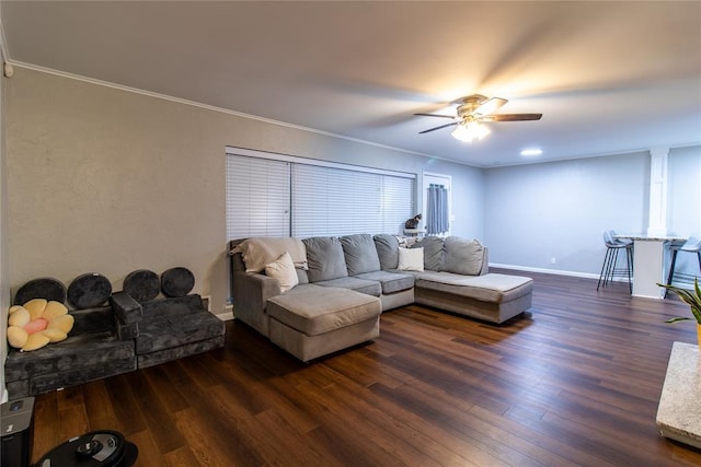 1712 N Pennsylvania Ave, Shawnee, OK 74804 - living room featuring dark wood-type flooring, a ceiling fan, and crown molding