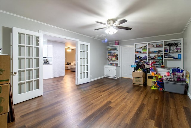 1712 N Pennsylvania Ave, Shawnee, OK 74804 - playroom with a ceiling fan, wood finished floors, crown molding, and french doors