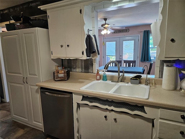 3205 NW 62nd St, Oklahoma City, OK 73112 - kitchen featuring dishwasher, a ceiling fan, white cabinetry, french doors, and light countertops