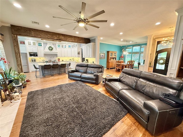 1118 Fernwood Dr, Midwest City, OK 73130 - living room with ornamental molding, ceiling fan, light wood finished floors, and recessed lighting
