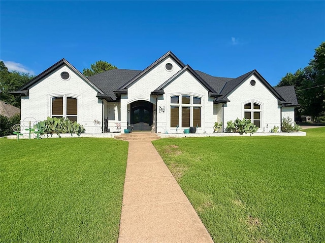 1118 Fernwood Dr, Midwest City, OK 73130 - french country home featuring brick siding, a front lawn, french doors, and roof with shingles