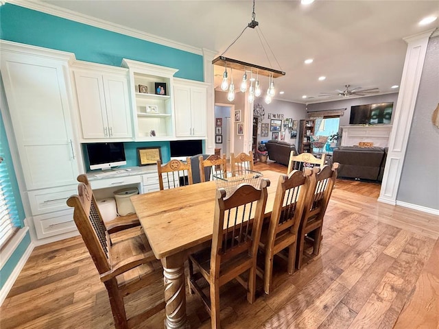 1118 Fernwood Dr, Midwest City, OK 73130 - dining space with a ceiling fan, light wood finished floors, recessed lighting, and crown molding