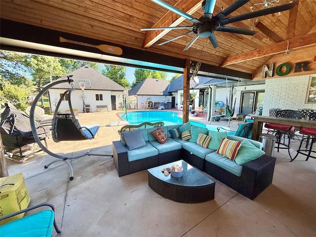 1118 Fernwood Dr, Midwest City, OK 73130 - view of patio / terrace featuring an outdoor hangout area, a ceiling fan, and an outdoor pool