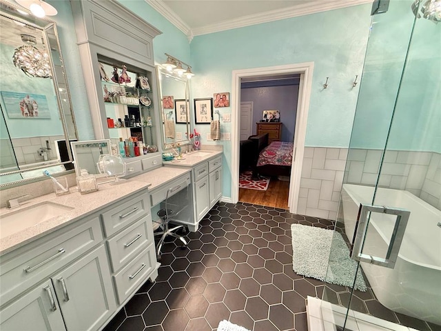 1118 Fernwood Dr, Midwest City, OK 73130 - ensuite bathroom featuring ornamental molding, a soaking tub, double vanity, and tile patterned flooring
