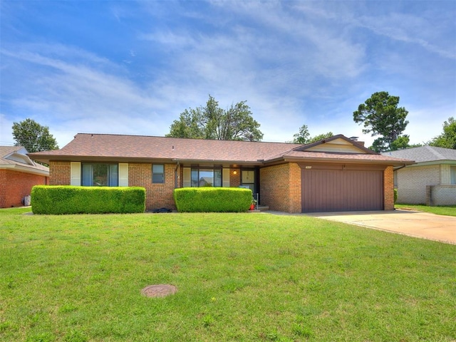 7600 NW 27th St, Bethany, OK 73008 - ranch-style house featuring a garage, brick siding, concrete driveway, and a front yard