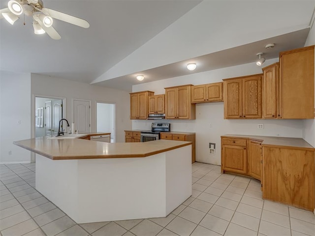 4919 E Lone Chimney Rd, Glencoe, OK 74032 - kitchen with stainless steel electric range oven, light tile patterned floors, extractor fan, lofted ceiling, and a spacious island