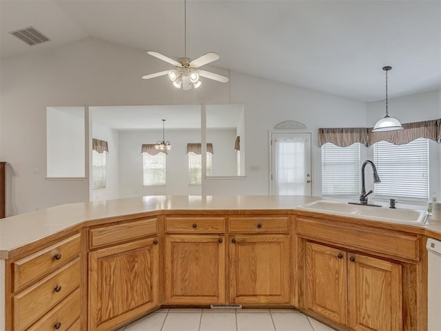 4919 E Lone Chimney Rd, Glencoe, OK 74032 - kitchen featuring vaulted ceiling, ceiling fan, light countertops, dishwasher, and hanging light fixtures
