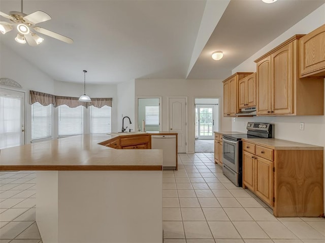 4919 E Lone Chimney Rd, Glencoe, OK 74032 - kitchen featuring electric range, white dishwasher, under cabinet range hood, light tile patterned flooring, and ceiling fan