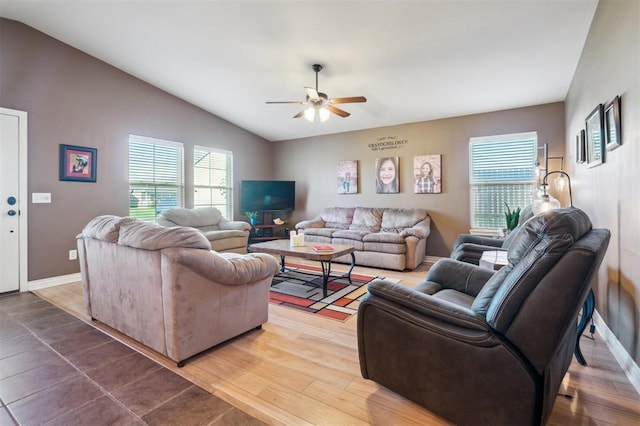 1609 NW 144th Ter, Edmond, OK 73013 - living area with a ceiling fan, lofted ceiling, and wood finished floors