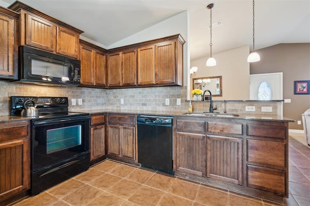 1609 NW 144th Ter, Edmond, OK 73013 - kitchen with black appliances, lofted ceiling, a peninsula, backsplash, and light tile patterned floors