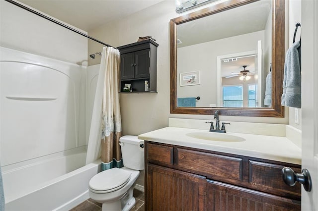 1609 NW 144th Ter, Edmond, OK 73013 - full bathroom featuring vanity, shower / tub combo with curtain, and a ceiling fan