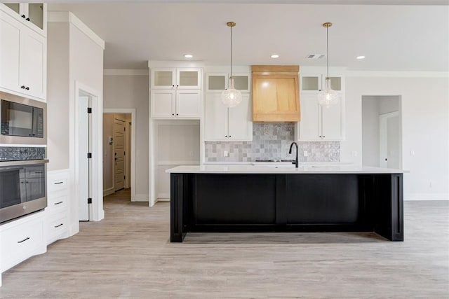 4163 Hawthorne St, Piedmont, OK 73078 - kitchen featuring appliances with stainless steel finishes, ornamental molding, custom exhaust hood, light countertops, and backsplash