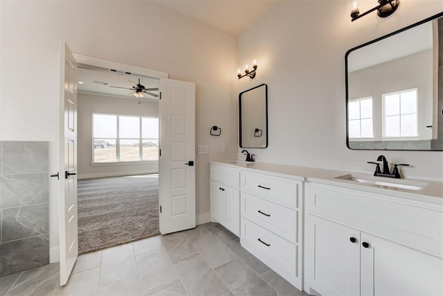 4163 Hawthorne St, Piedmont, OK 73078 - bathroom featuring a ceiling fan and double vanity