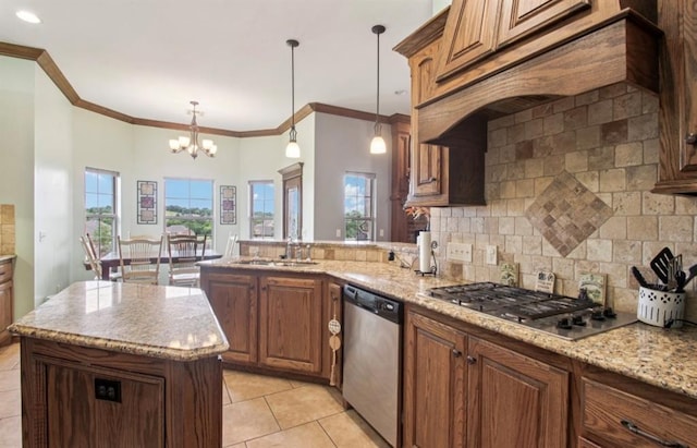 7732 Jesse Trl, Oklahoma City, OK 73150 - kitchen featuring stainless steel appliances, custom exhaust hood, tasteful backsplash, crown molding, and a peninsula