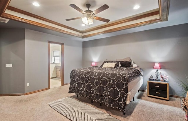 7732 Jesse Trl, Oklahoma City, OK 73150 - bedroom with a tray ceiling, carpet floors, recessed lighting, ornamental molding, and ensuite bathroom