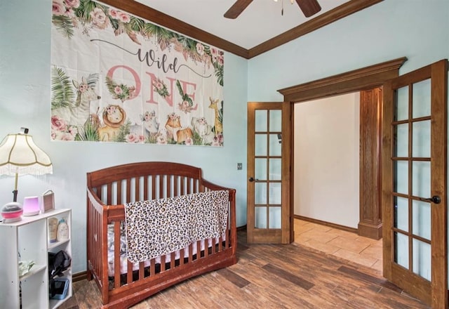 7732 Jesse Trl, Oklahoma City, OK 73150 - bedroom with french doors, crown molding, and wood finished floors