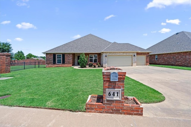 641 Geneva Dr, Edmond, OK 73025 - ranch-style home with concrete driveway, a garage, brick siding, and a shingled roof