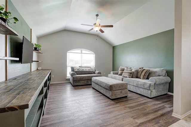 1109 Hickory Creek Dr, Yukon, OK 73099 - living room with ceiling fan, lofted ceiling, and wood finished floors