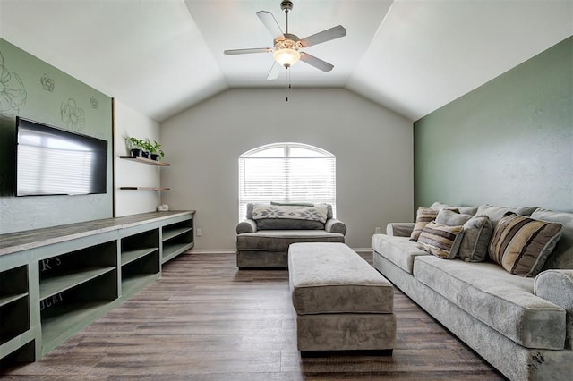 1109 Hickory Creek Dr, Yukon, OK 73099 - living area with a ceiling fan, dark wood finished floors, and lofted ceiling