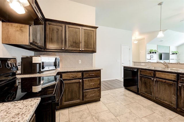 1109 Hickory Creek Dr, Yukon, OK 73099 - kitchen featuring black appliances, extractor fan, backsplash, and dark brown cabinets