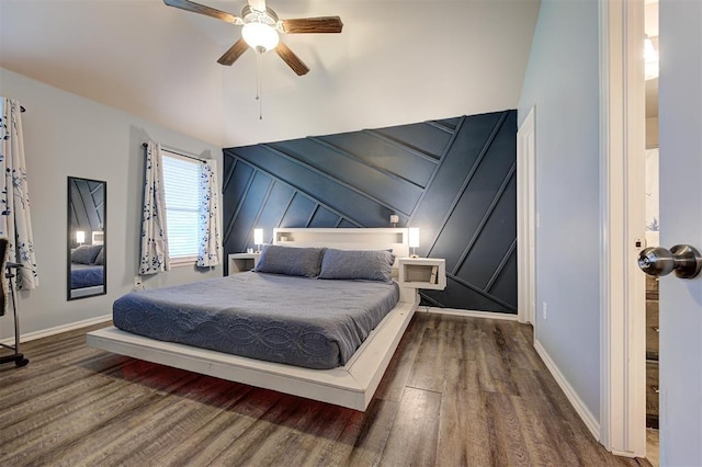 1109 Hickory Creek Dr, Yukon, OK 73099 - bedroom with wood finished floors, a decorative wall, and a ceiling fan