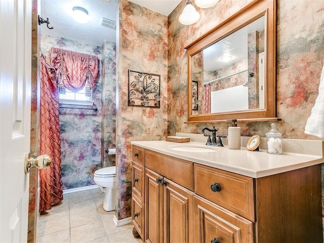 2349 Fox Ln, Blanchard, OK 73010 - bathroom with tile patterned floors, vanity, wallpapered walls, and a shower with shower curtain