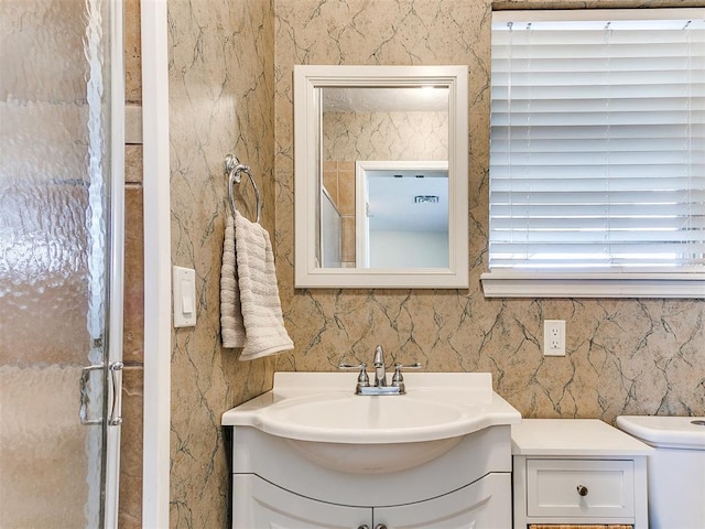 2349 Fox Ln, Blanchard, OK 73010 - bathroom with vanity, tile walls, and a shower with shower door