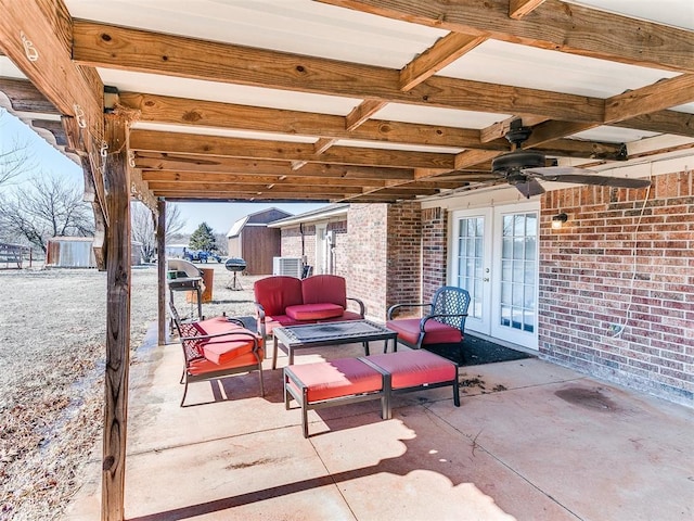 2349 Fox Ln, Blanchard, OK 73010 - view of patio / terrace featuring french doors, a storage unit, outdoor lounge area, and a ceiling fan