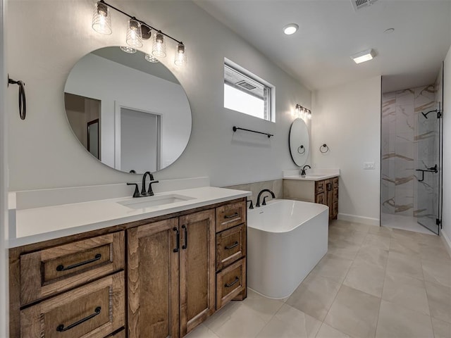 7625 Leoma Ln, Oklahoma City, OK 73150 - bathroom with a stall shower, two vanities, and a soaking tub