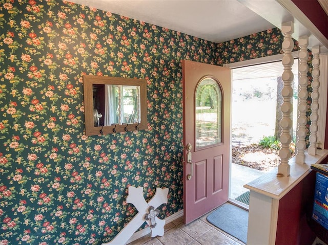 114 Timber Ln, Mcloud, OK 74851 - entrance foyer with wallpapered walls and light tile patterned floors