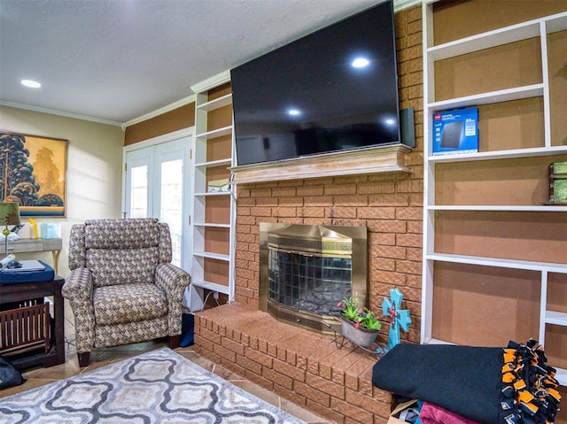 114 Timber Ln, Mcloud, OK 74851 - living room with ornamental molding and a brick fireplace