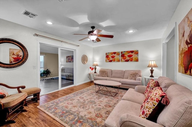 12414 SW 15th Ter, Yukon, OK 73099 - living area with a ceiling fan, wood finished floors, and recessed lighting