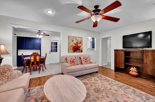12414 SW 15th Ter, Yukon, OK 73099 - living room with ceiling fan, wood finished floors, and recessed lighting
