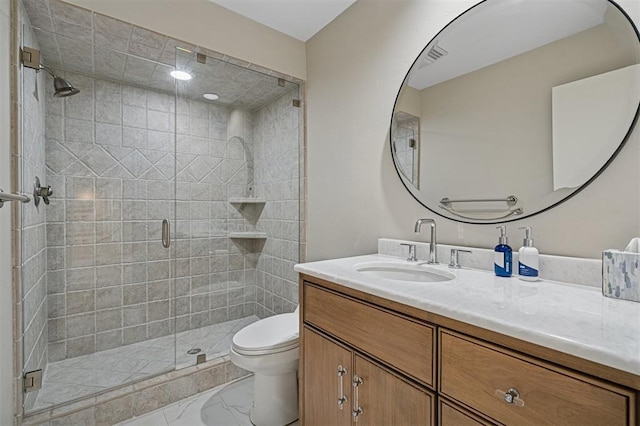 11209 Thorn Ridge Rd, Oklahoma City, OK 73120 - bathroom with vanity, marble finish floors, and a shower stall