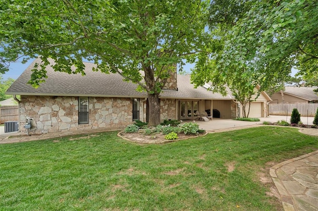 11209 Thorn Ridge Rd, Oklahoma City, OK 73120 - view of front of house featuring stone siding, a garage, roof with shingles, concrete driveway, and french doors