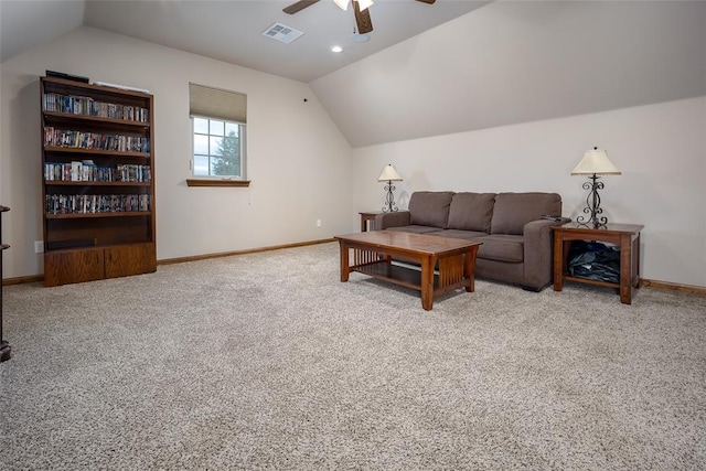 6813 Chelsey Ln, Oklahoma City, OK 73132 - living area with ceiling fan, vaulted ceiling, and carpet flooring