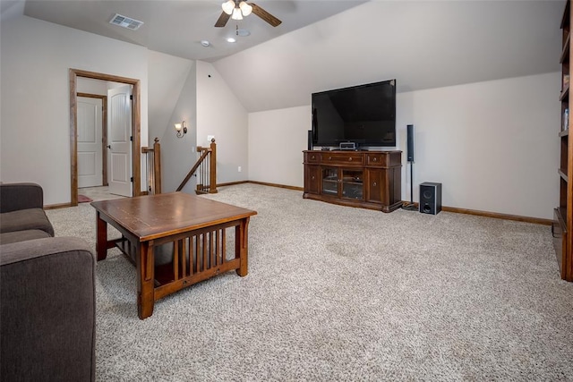 6813 Chelsey Ln, Oklahoma City, OK 73132 - carpeted living room with vaulted ceiling and ceiling fan