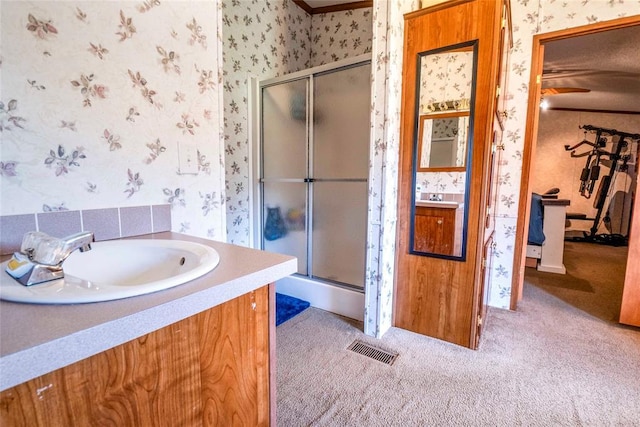 910903 S 3444th Rd, Chandler, OK 74834 - full bath featuring wallpapered walls, a shower stall, vanity, and carpet flooring