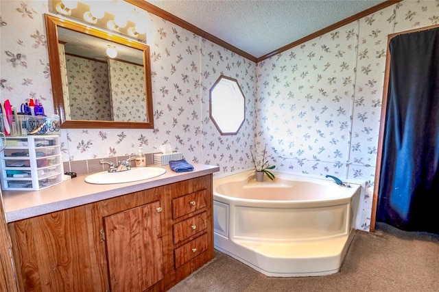 910903 S 3444th Rd, Chandler, OK 74834 - full bath with ornamental molding, wallpapered walls, vanity, a garden tub, and a textured ceiling