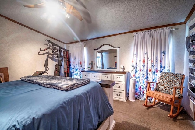 910903 S 3444th Rd, Chandler, OK 74834 - bedroom featuring crown molding, a textured wall, dark colored carpet, a textured ceiling, and ceiling fan