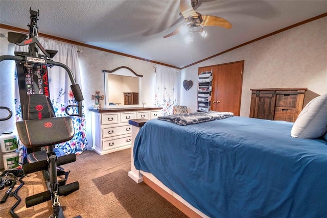 910903 S 3444th Rd, Chandler, OK 74834 - bedroom with crown molding, dark carpet, ceiling fan, and vaulted ceiling