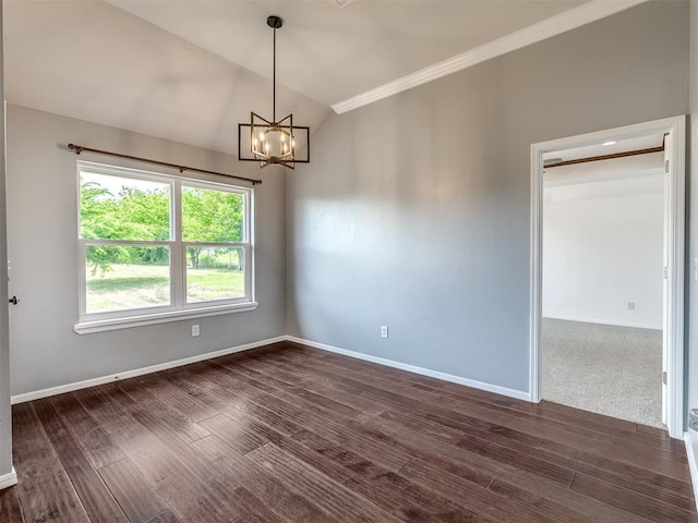 3922 Deer Xing, Edmond, OK 73025 - unfurnished room with vaulted ceiling, a chandelier, dark wood-type flooring, and crown molding