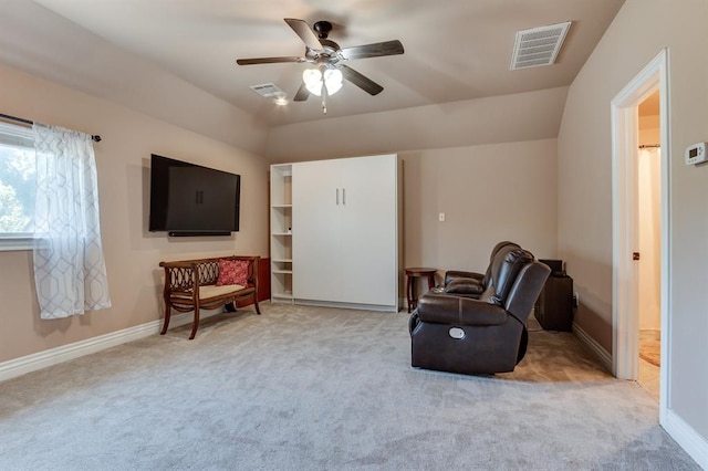 637 Branch Line Rd, Yukon, OK 73099 - living area featuring light colored carpet, a ceiling fan, and vaulted ceiling