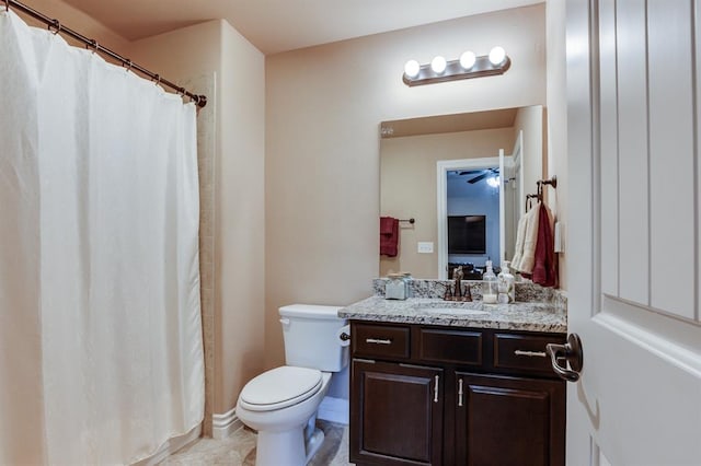 637 Branch Line Rd, Yukon, OK 73099 - bathroom with vanity, curtained shower, and ceiling fan