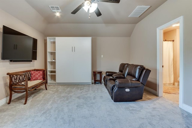 637 Branch Line Rd, Yukon, OK 73099 - living room with light carpet, vaulted ceiling, and ceiling fan