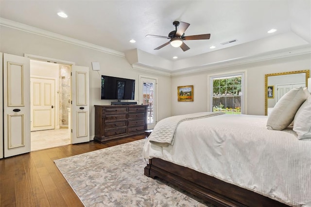 8700 N Waverly Ave, Oklahoma City, OK 73120 - bedroom featuring wood-type flooring, ornamental molding, recessed lighting, ceiling fan, and ensuite bathroom