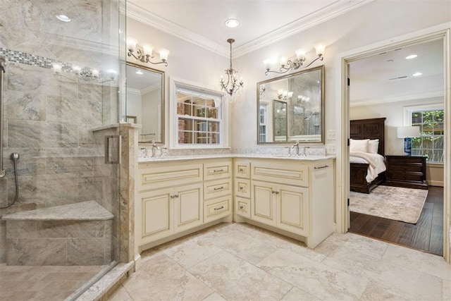 8700 N Waverly Ave, Oklahoma City, OK 73120 - bathroom featuring double vanity, ornamental molding, a stall shower, and recessed lighting