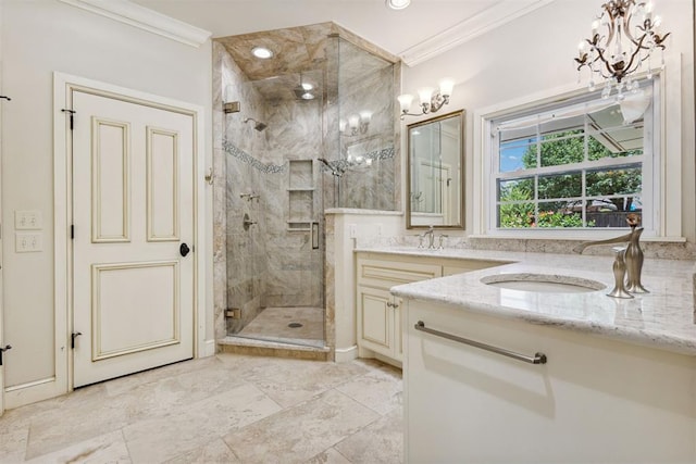 8700 N Waverly Ave, Oklahoma City, OK 73120 - bathroom featuring a chandelier, crown molding, vanity, a stall shower, and recessed lighting