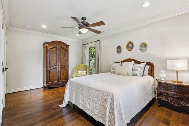 8700 N Waverly Ave, Oklahoma City, OK 73120 - bedroom featuring dark wood-style flooring, recessed lighting, crown molding, and ceiling fan